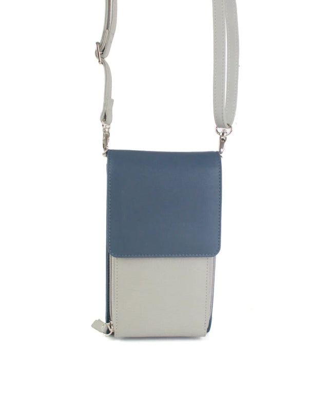 Finest Soft Leather Slim Cross Body Handbag Purse Marian Blue & Grey - British D'sire