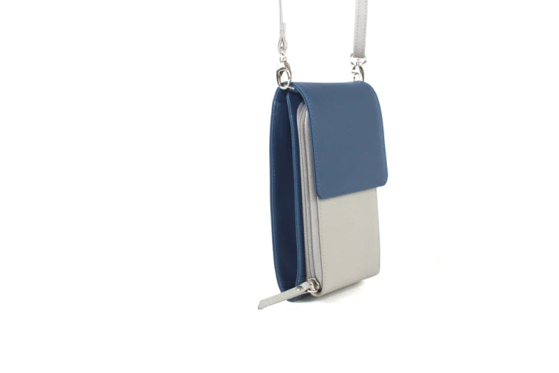 Finest Soft Leather Slim Cross Body Handbag Purse Marian Blue & Grey - British D'sire