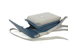 Finest Soft Leather Slim Cross Body Handbag Purse Marian Blue & Grey - British D'sire