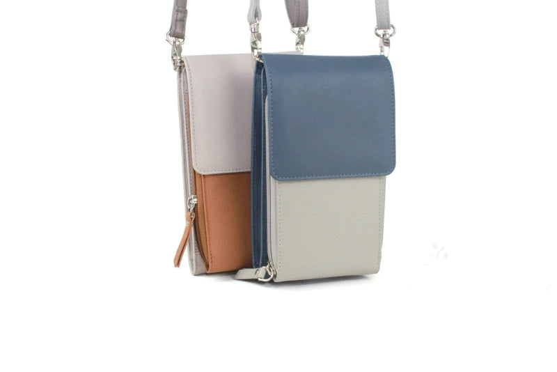 Finest Soft Leather Slim Cross Body Handbag Purse Marian Blue & Grey - British D'sire