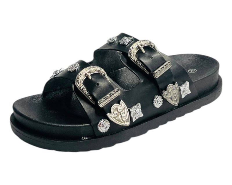 Flat Sole Double Strap Buckle Sandals - Slider - British D'sire