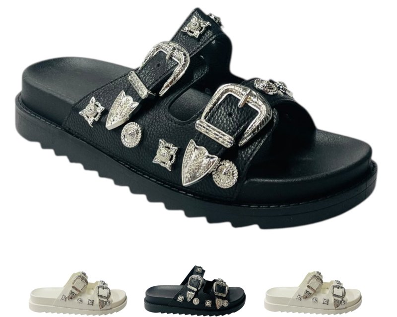 Flat Sole Double Strap Buckle Sandals - Slider - British D'sire