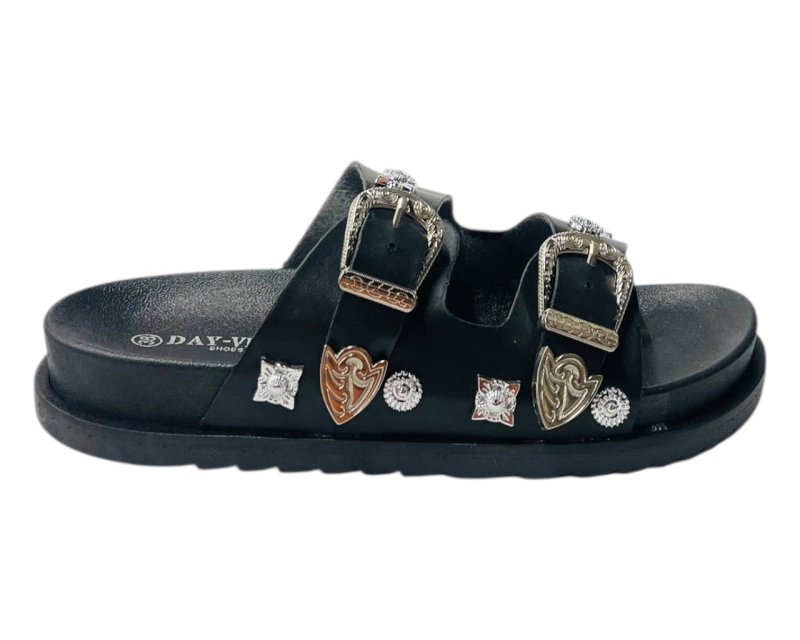 Flat Sole Double Strap Buckle Sandals - Slider - British D'sire