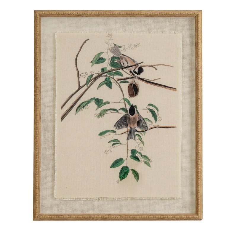 Flora & Fauna Collection Chickadees On Linen In Beaded Frame - Wall Art & Signs - British D'sire