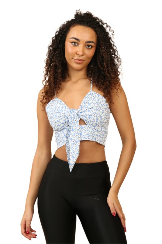 Floral Knot Front Bra let – Sky Blue Flower Print - Crop Top - British D'sire Main image