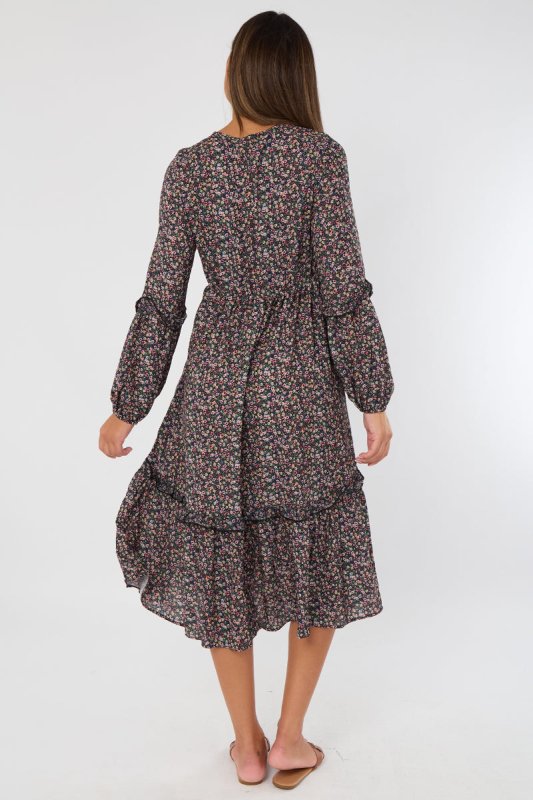 Floral Midi Dress – Black Long Sleeve Tiered Smock Style - British D'sire