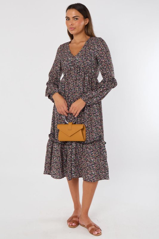 Floral Midi Dress – Black Long Sleeve Tiered Smock Style Secondary image