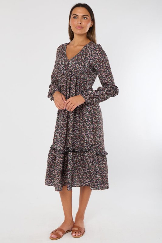 Floral Midi Dress – Black Long Sleeve Tiered Smock Style - British D'sire