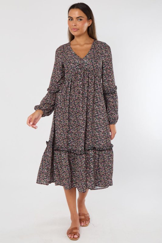 Floral Midi Dress – Black Long Sleeve Tiered Smock Style - British D'sire