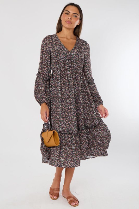 Floral Midi Dress – Black Long Sleeve Tiered Smock Style - British D'sire Main image