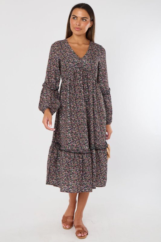 Floral Midi Dress – Black Long Sleeve Tiered Smock Style - British D'sire