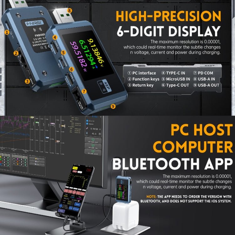 FNIRSI FNB48P USB Mobile Phone DC Power Charger Detector, Color: Without Bluetooth Black - British D'sire
