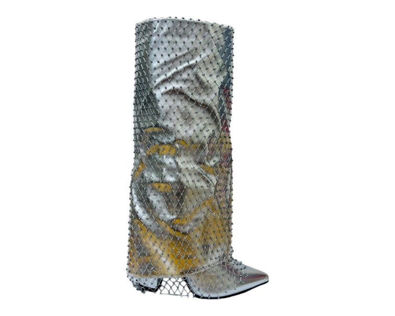 Fold Over Kneel High Diamante Fishnet Boots - Boots - British D'sire