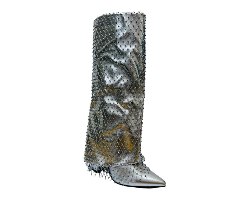 Fold Over Kneel High Diamante Fishnet Boots - Boots - British D'sire
