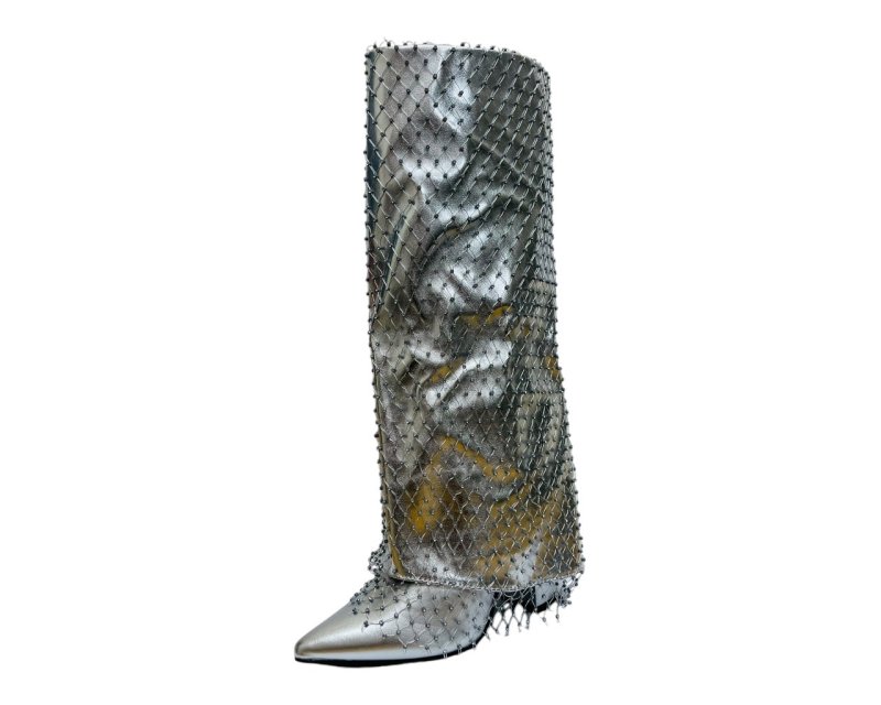 Fold Over Kneel High Diamante Fishnet Boots - Boots - British D'sire