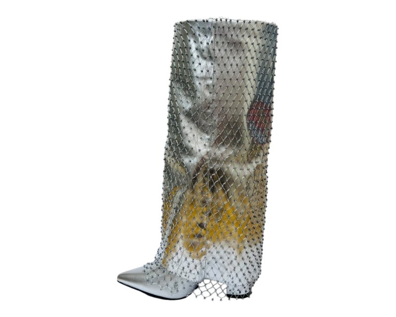 Fold Over Kneel High Diamante Fishnet Boots - Boots - British D'sire