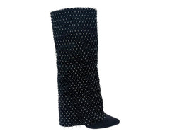 Fold Over Kneel High Diamante Fishnet Boots - Boots - British D'sire