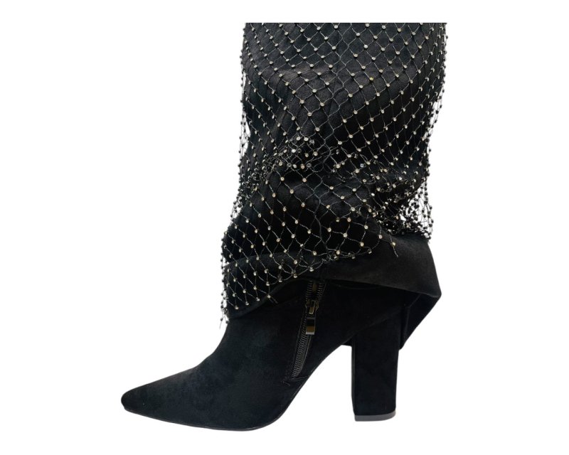 Fold Over Kneel High Diamante Fishnet Boots - Boots - British D'sire