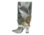 Fold Over Kneel High Diamante Fishnet Boots - Boots - British D'sire