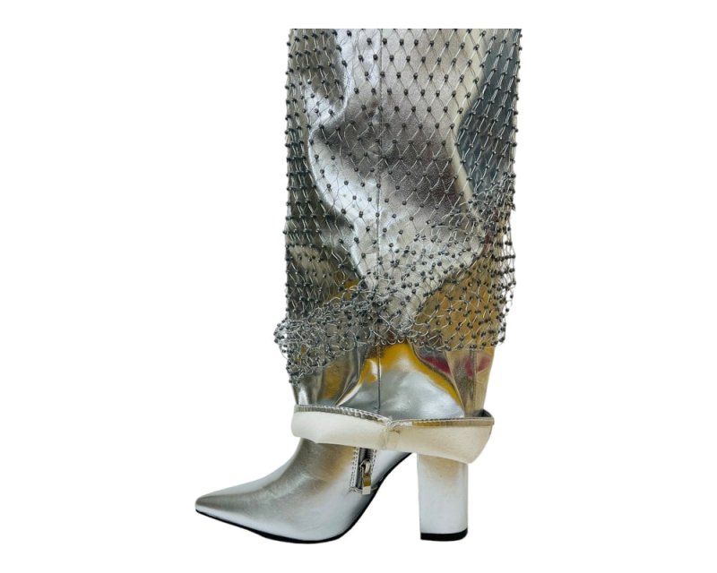 Fold Over Kneel High Diamante Fishnet Boots - Boots - British D'sire