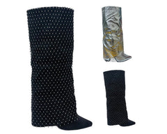 Fold Over Kneel High Diamante Fishnet Boots - Boots - British D'sire