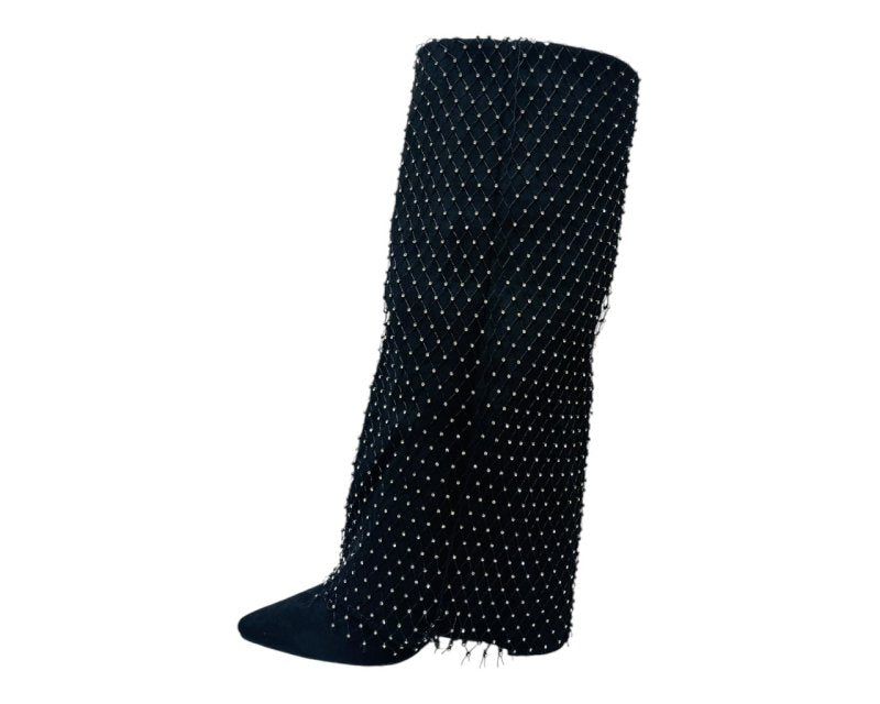 Fold Over Kneel High Diamante Fishnet Boots - Boots - British D'sire