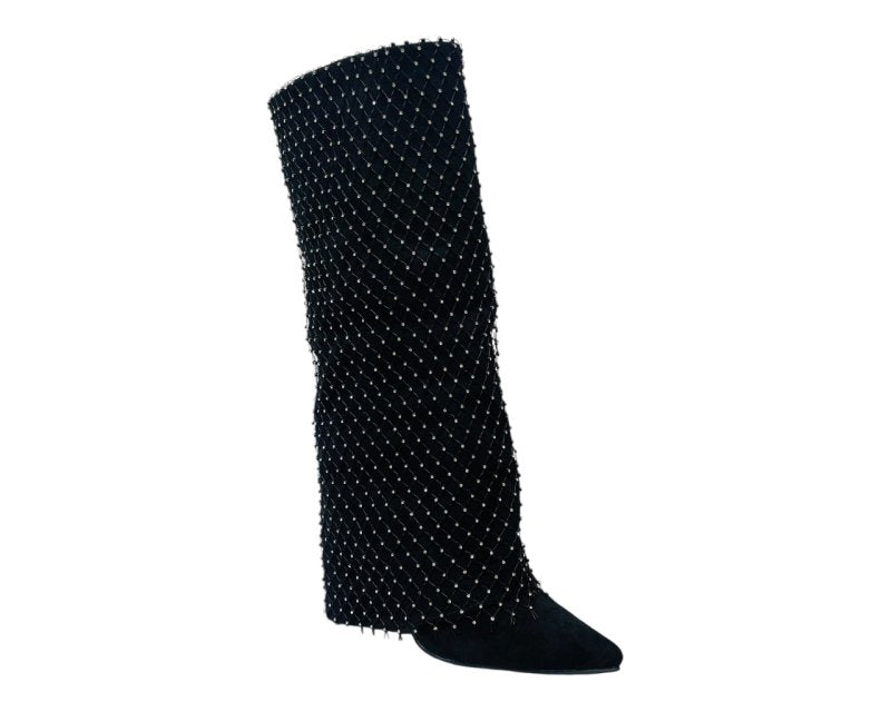 Fold Over Kneel High Diamante Fishnet Boots - Boots - British D'sire