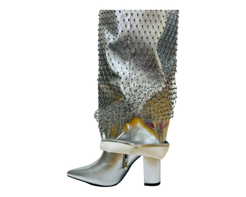 Fold Over Kneel High Diamante Fishnet Boots - Boots - British D'sire