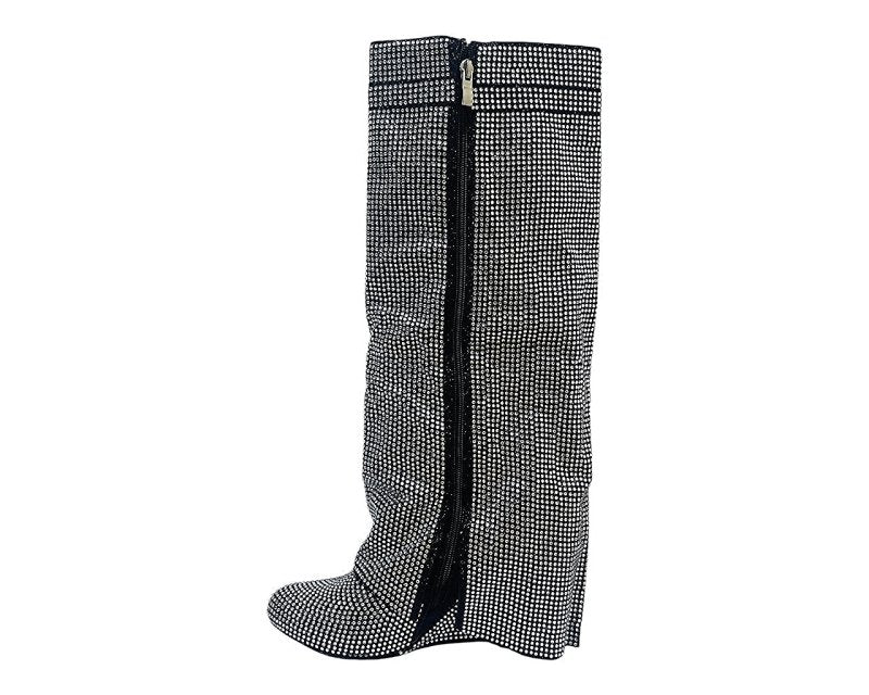 Fold Over Padlock Rhinestone Knee High Wedge Boots - Boots - British D'sire