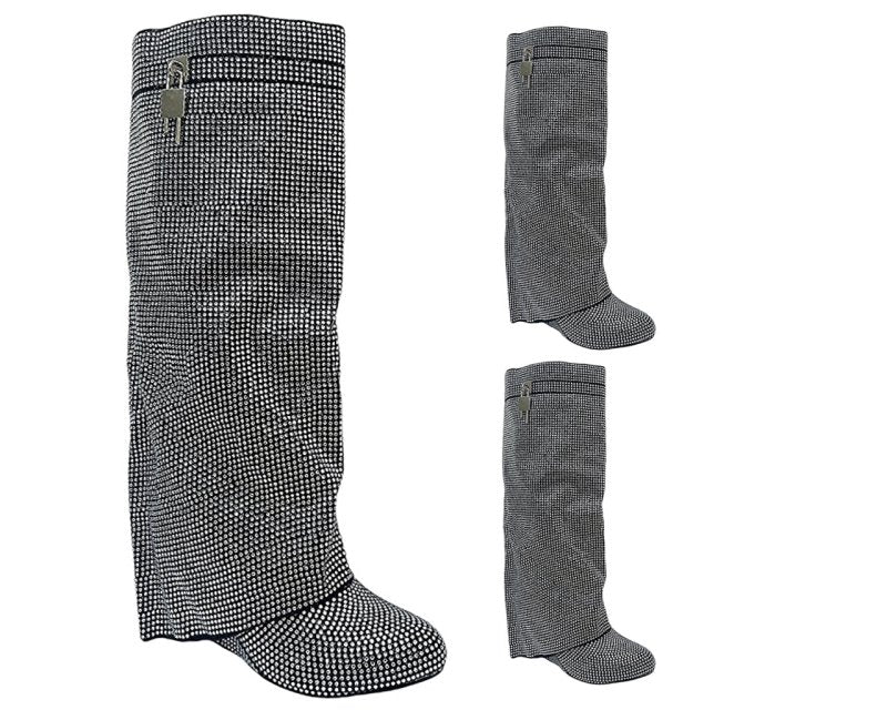 Fold Over Padlock Rhinestone Knee High Wedge Boots - Boots - British D'sire
