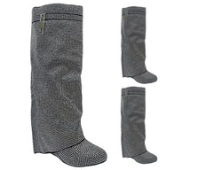 Fold Over Padlock Rhinestone Knee High Wedge Boots - Boots - British D'sire