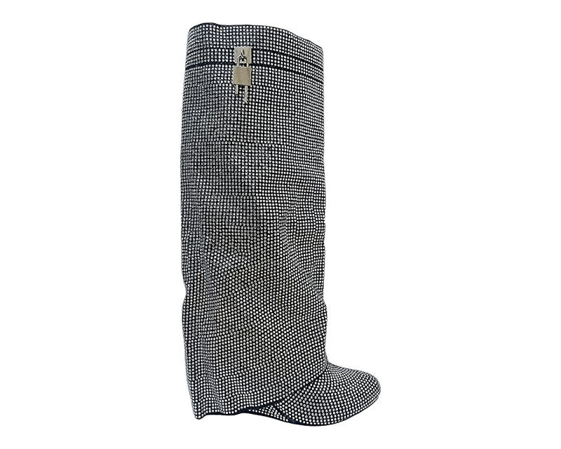 Fold Over Padlock Rhinestone Knee High Wedge Boots - Boots - British D'sire