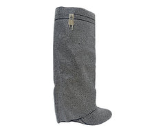 Fold Over Padlock Rhinestone Knee High Wedge Boots - Boots - British D'sire