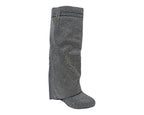 Fold Over Padlock Rhinestone Knee High Wedge Boots - Boots - British D'sire