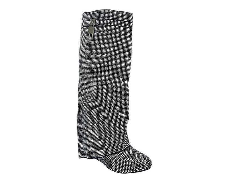 Fold Over Padlock Rhinestone Knee High Wedge Boots - Boots - British D'sire