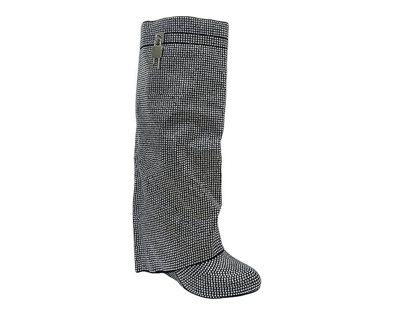 Fold Over Padlock Rhinestone Knee High Wedge Boots - Boots - British D'sire