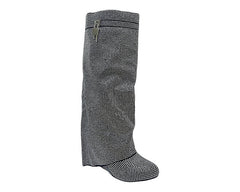 Fold Over Padlock Rhinestone Knee High Wedge Boots - Boots - British D'sire