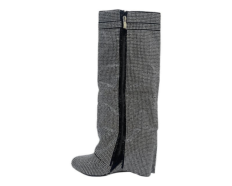 Fold Over Padlock Rhinestone Knee High Wedge Boots - Boots - British D'sire