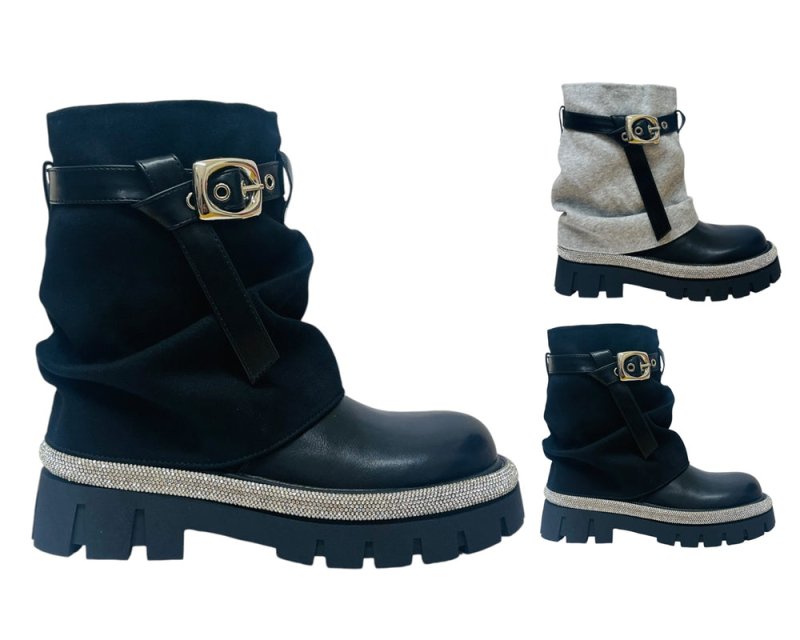 Fold Over Rhinestone Ankle Boots - Boots - British D'sire Main image