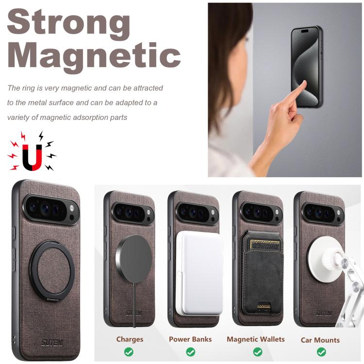 For Google Pixel 10 Pro XL Suteni G3 360 Rotation Holder MagSafe Denim Leather Back Phone Case(Brown) - British D'sire