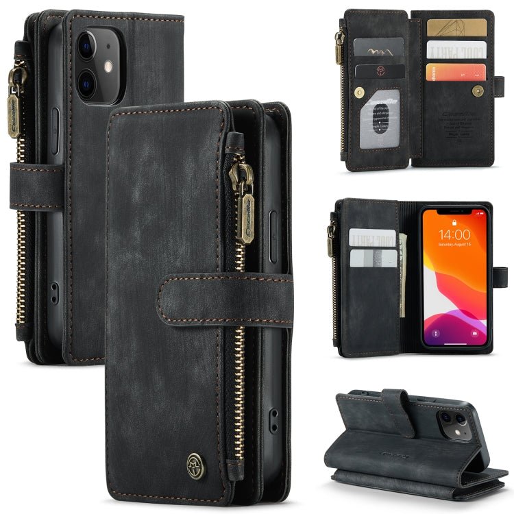 For iPhone 12 mini CaseMe - C30 PU + TPU Multifunctional Horizontal Flip Leather Case with Holder & Card Slot & Wallet & Zipper Pocket (Black) - British D'sire Main image
