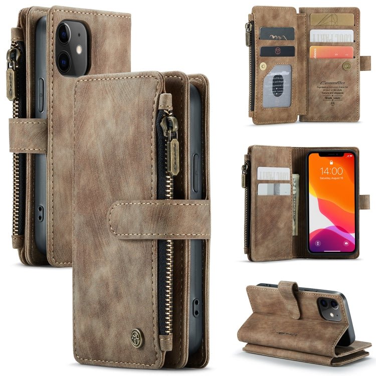 For iPhone 12 mini CaseMe - C30 PU + TPU Multifunctional Horizontal Flip Leather Case with Holder & Card Slot & Wallet & Zipper Pocket (Brown) - British D'sire Main image