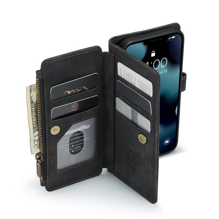For iPhone 13 CaseMe - C30 PU + TPU Multifunctional Horizontal Flip Leather Case with Holder & Card Slot & Wallet & Zipper Pocket(Black) - British D'sire