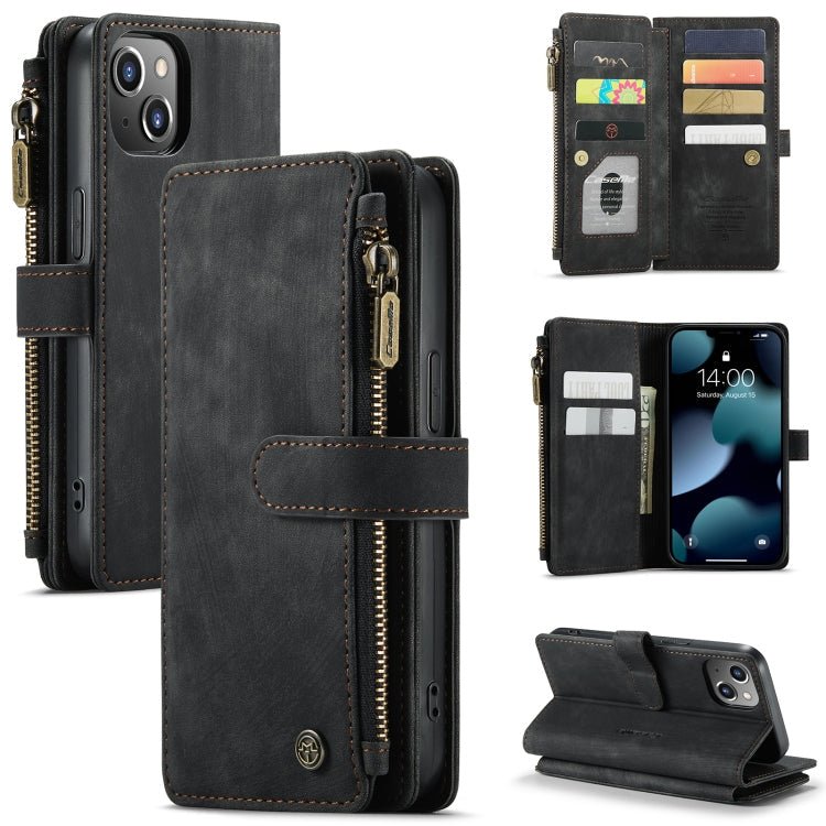 For iPhone 13 CaseMe - C30 PU + TPU Multifunctional Horizontal Flip Leather Case with Holder & Card Slot & Wallet & Zipper Pocket(Black) - British D'sire Main image