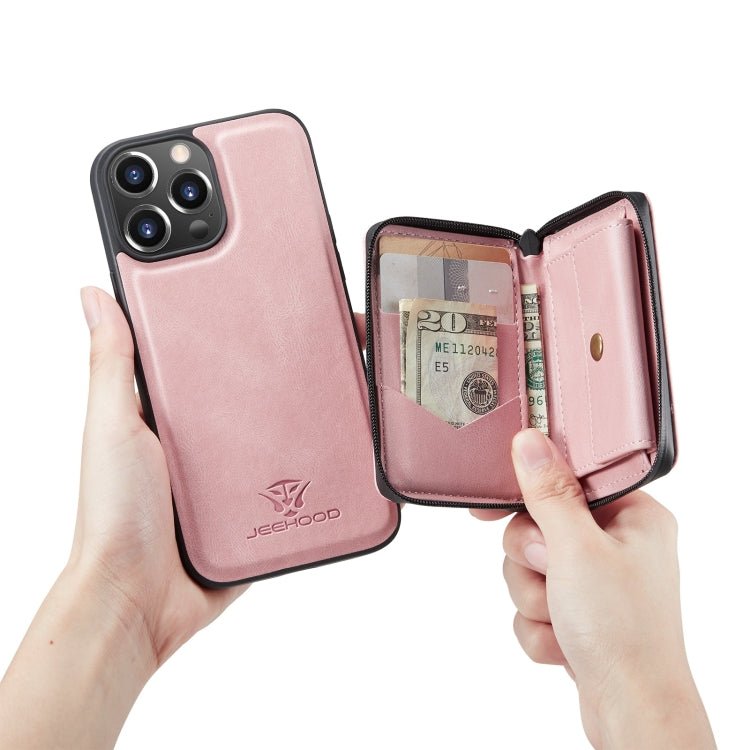 For iPhone 13 JEEHOOD Magnetic Zipper Horizontal Flip Leather Case with Holder & Card Slot & Wallet(Pink) - British D'sire