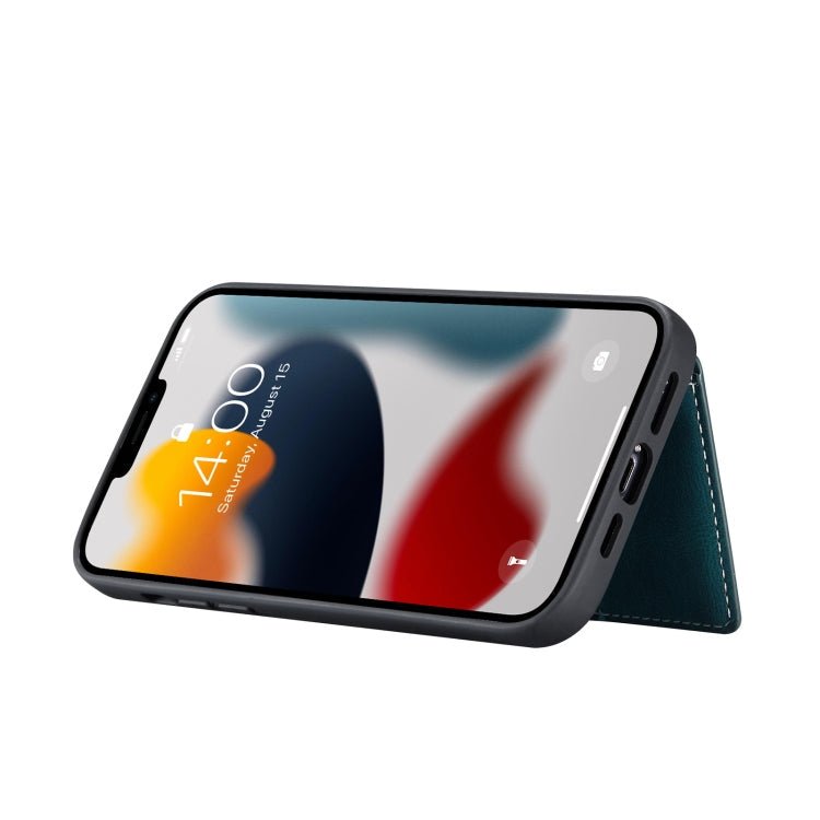 For iPhone 13 JEEHOOD Retro Magnetic Detachable Protective Case with Wallet & Card Slot & Holder(Blue) - British D'sire