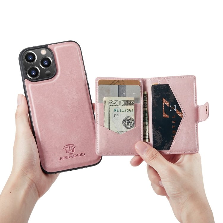 For iPhone 13 JEEHOOD Retro Magnetic Detachable Protective Case with Wallet & Card Slot & Holder(Pink) - British D'sire