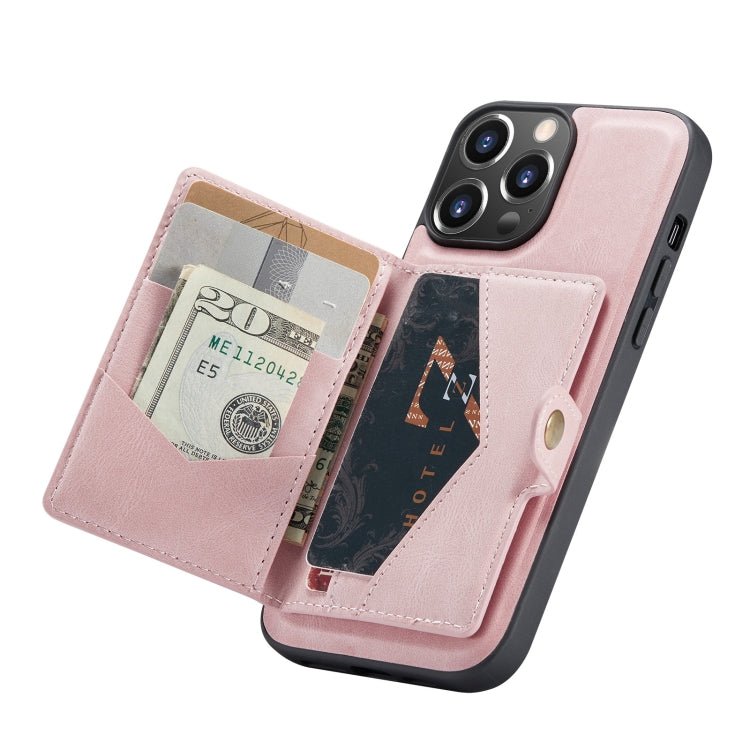 For iPhone 13 JEEHOOD Retro Magnetic Detachable Protective Case with Wallet & Card Slot & Holder(Pink) - British D'sire