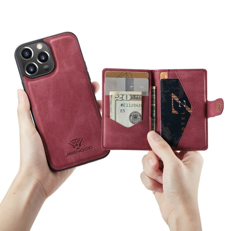 For iPhone 13 JEEHOOD Retro Magnetic Detachable Protective Case with Wallet & Card Slot & Holder(Red) - British D'sire