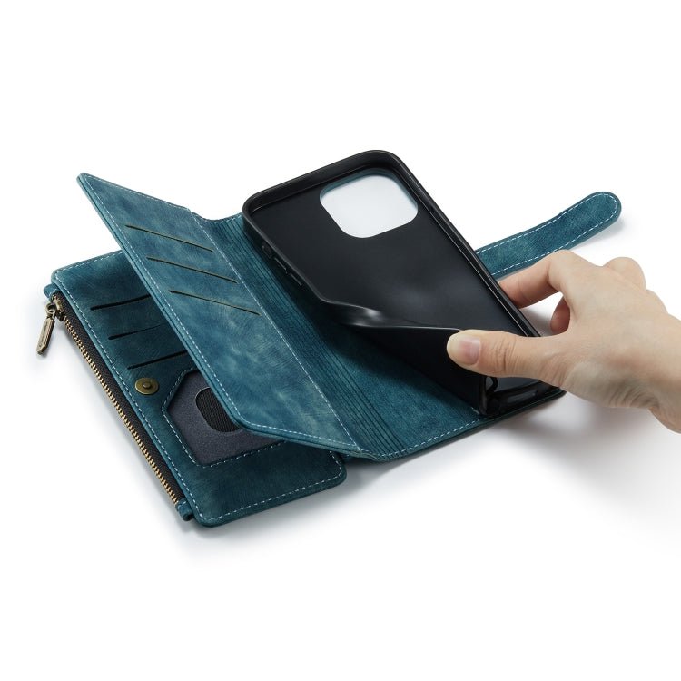 For iPhone 13 Pro CaseMe - C30 PU + TPU Multifunctional Horizontal Flip Leather Case with Holder & Card Slot & Wallet & Zipper Pocket (Blue) - British D'sire